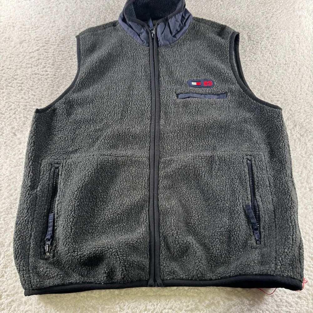 Vintage Y2K Tommy Hilfiger Full Zip Fleece Vest Men's Medium Gray Collared‎
